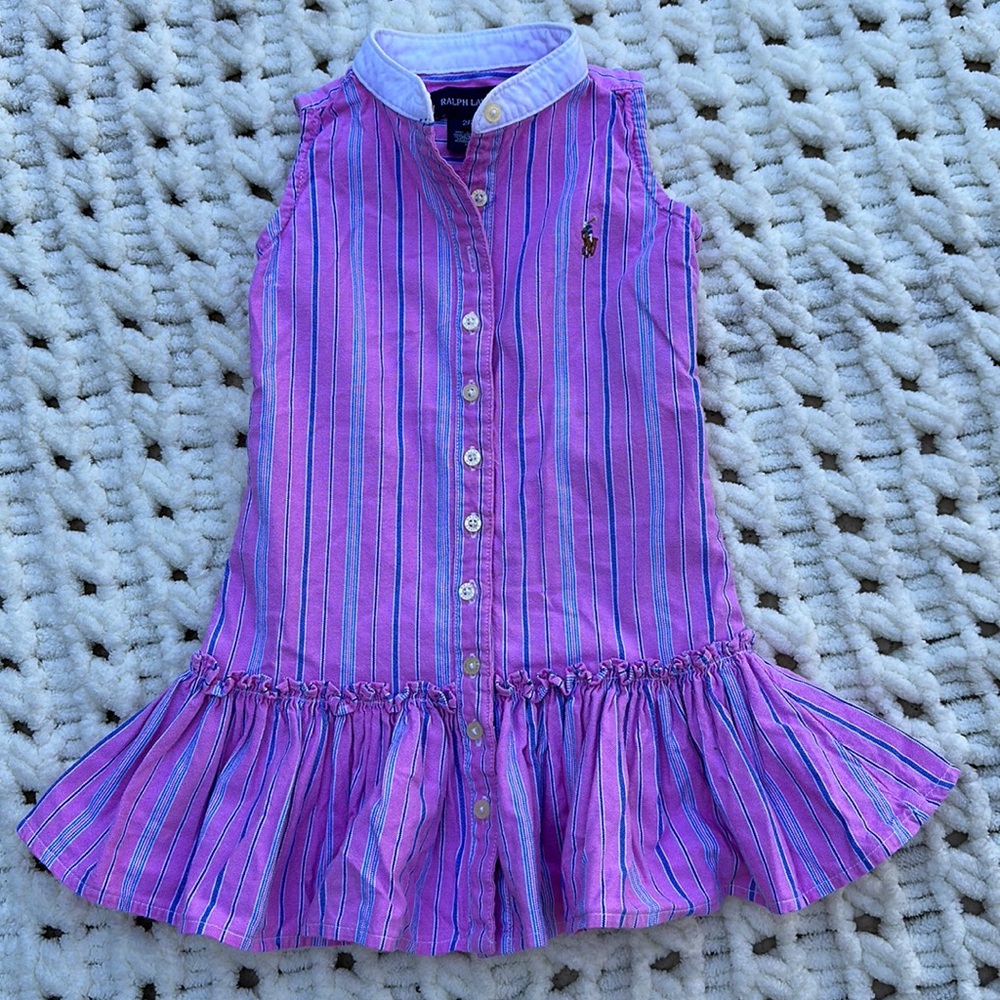 Ralph Lauren Girl’s Oxford button up Shirt Dress-Pink with blue Stripes